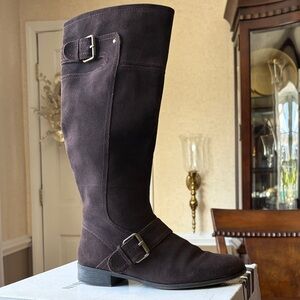 Nine West Dark Brown Suede Buckle Boots